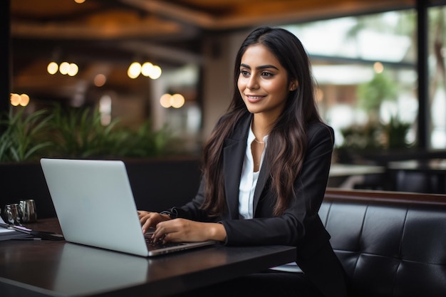 Jonge Indiase zakenvrouw of bedrijfsmedewerker die laptop gebruikt