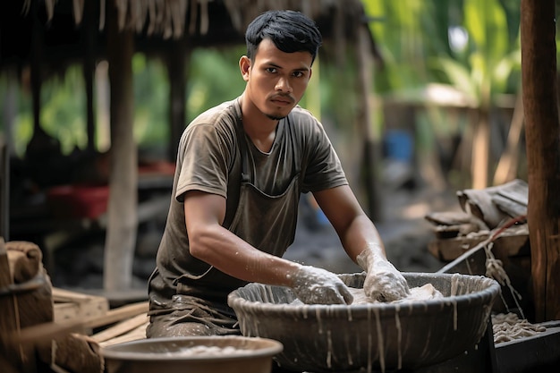 jonge Indonesische man werkt als arbeid