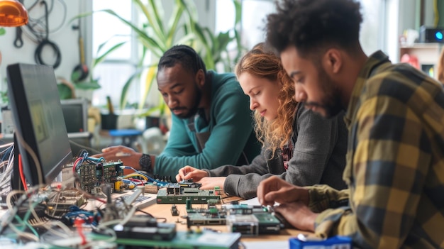 Foto jonge ingenieursstudenten werken aan elektronica aig41