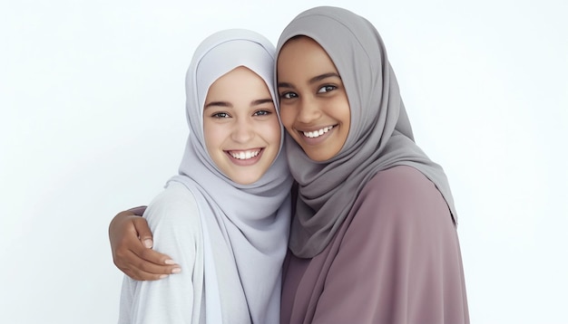 Jonge islamitische vriendinnen omhelzen en knuffelen elkaar met een hijab geïsoleerd op een witte achtergrond