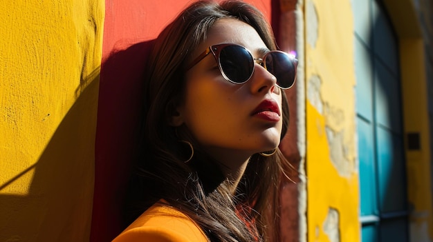 Foto jonge italiaanse vrouw met zonnebril op straat in italië straatfotografie