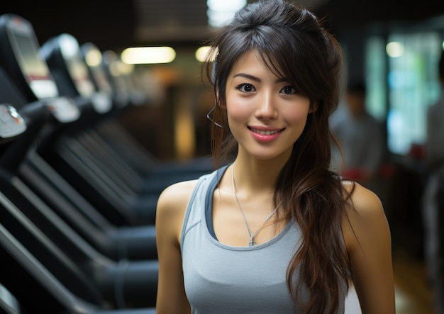 Jonge Japanse vrouw in het fitnesscentrum traint in de sportschool.