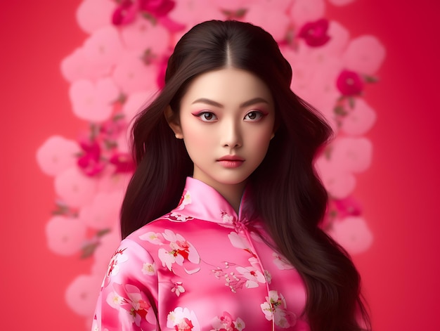 Jonge Japanse vrouw op een roze achtergrond Portret Ai generatief