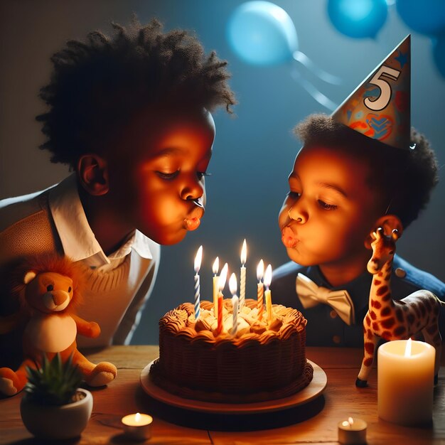 Jonge jongen blaast kaarsen uit op een verjaardagstaart bij een avondfeest