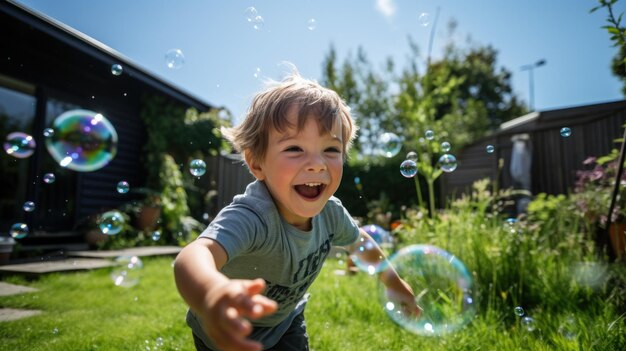 Jonge jongen die bubbels achtervolgt in een zonnige achtertuin