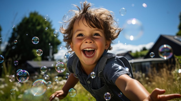Jonge jongen die bubbels achtervolgt in een zonnige achtertuin