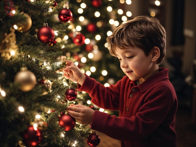 jonge jongen die een kerstboom versiert