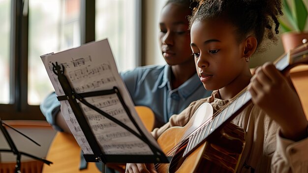 Jonge jongen die gitaar speelt in de bibliotheek