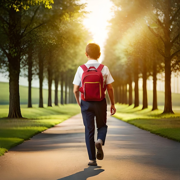 jonge jongen die gretig op weg gaat naar school met zijn rugzak op een heldere ochtend