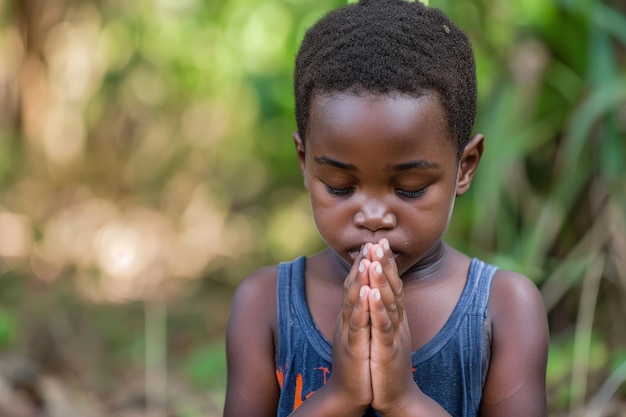 Jonge jongen die in het bos bidt