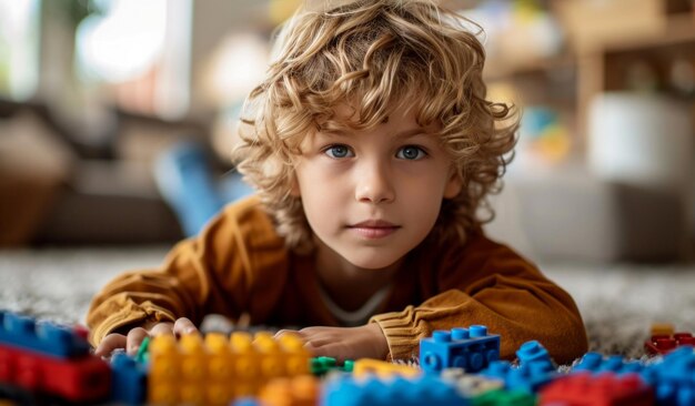 Foto jonge jongen die met lego bouwblokken speelt