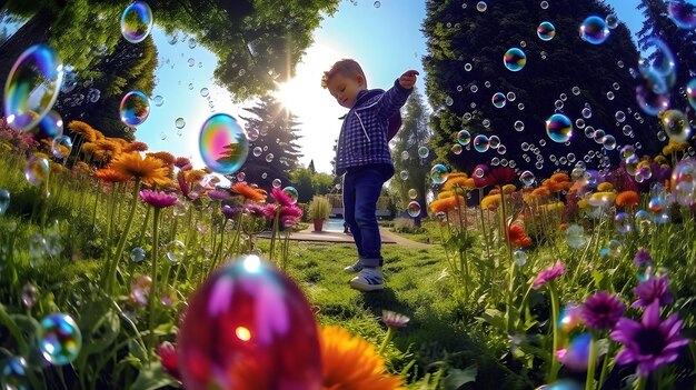 jonge jongen die plezier heeft in de tuin achtervolgen en bubbels barsten