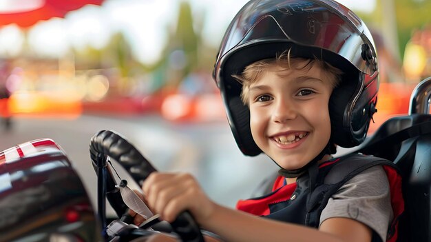 Jonge jongen die plezier heeft met het rijden van een gokart in een pretpark