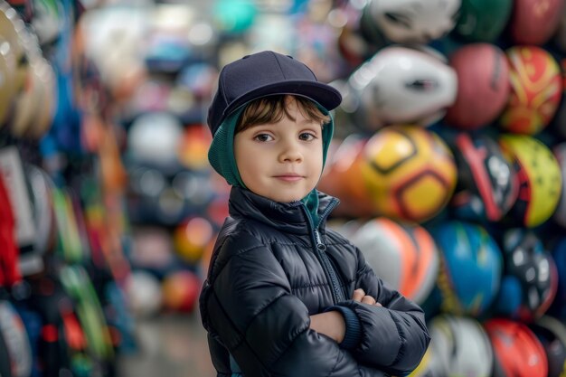 Jonge jongen die tussen vele ballen staat