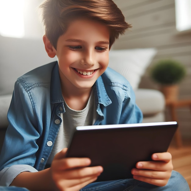 Jonge jongen die zich bezighoudt met leren op zijn tablet in een heldere woonkamer