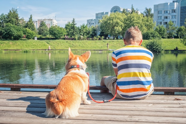 Jonge jongen en zijn hond op een houten peer