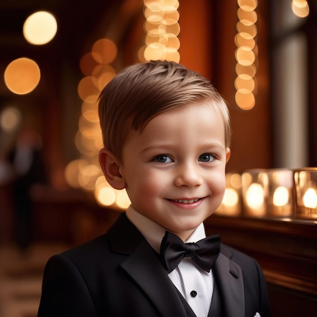 Jonge jongen gekleed in een formele smoking met een strikje gekleed voor een elegante high society viering