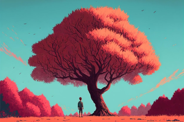 Jonge jongen in de buurt van de boom Jonge jongen kijkt naar de gigantische herfst boom aan de horizon Digitale kunst stijl illustratie schilderij