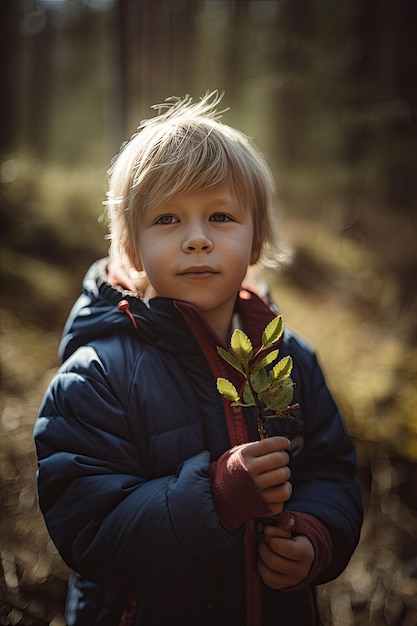 Jonge jongen in het koude bos met een plant in zijn handen in het bos gegenereerd