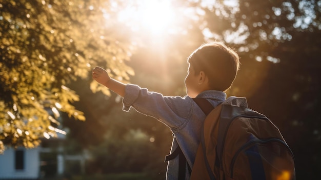 Jonge jongen in het park bij zonsondergang