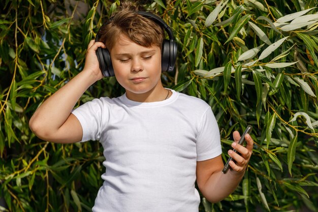 Jonge jongen in koptelefoon met smartphone luistert naar muziek in zomerpark