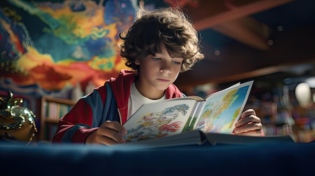 Jonge jongen leesboek in bibliotheek Wereldboekendag