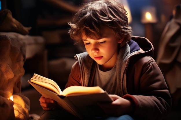 Jonge jongen leest een boek in een donkere kamer met kaarsen Generatieve AI