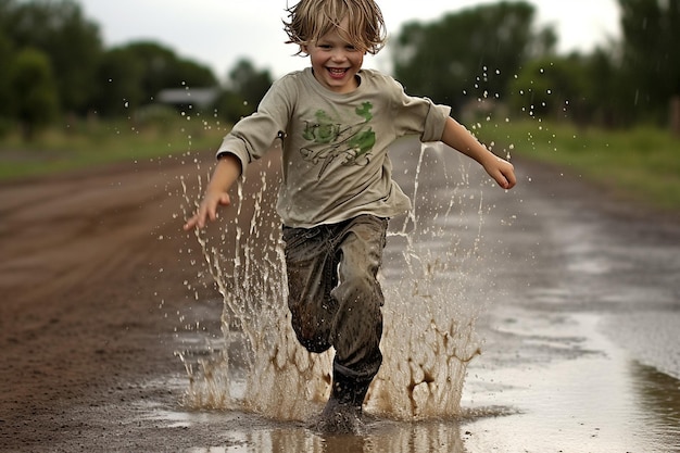 Jonge jongen loopt door een plas na de regen.
