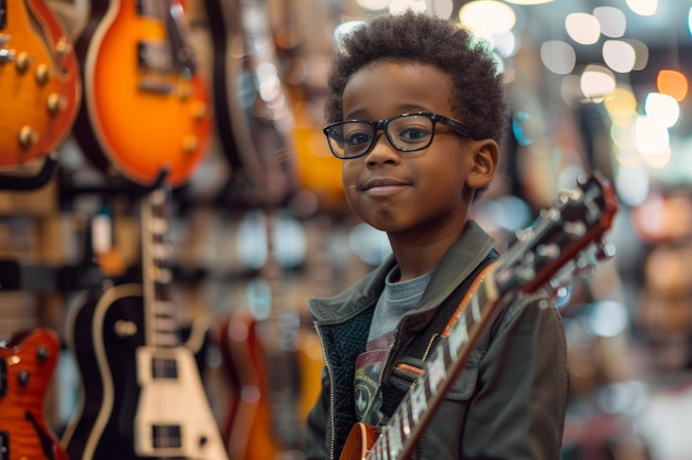 Jonge jongen met een bril die een gitaar vasthoudt