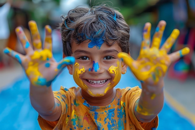 Jonge jongen met gele en blauwe handen