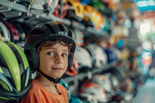 Jonge jongen met helm in de winkel