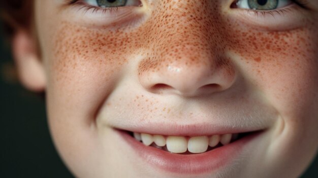 Foto jonge jongen met sproeten glimlacht naar de camera extreme close-up