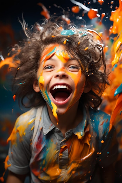 Jonge jongen met zijn gezicht geverfd oranje en blauw Generatieve AI