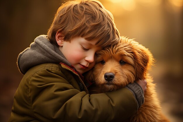 Foto jonge jongen omarmt pluizige hond in het warme zonsondergangslicht