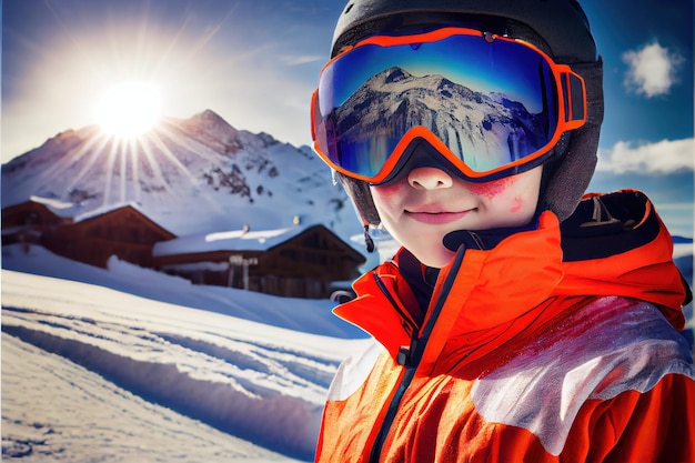 Jonge jongen op skihelling met beschermende brillen en bezinning van