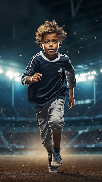 Jonge jongen speelt in het stadion met voetbal in een voetbaltrui Generatieve AI