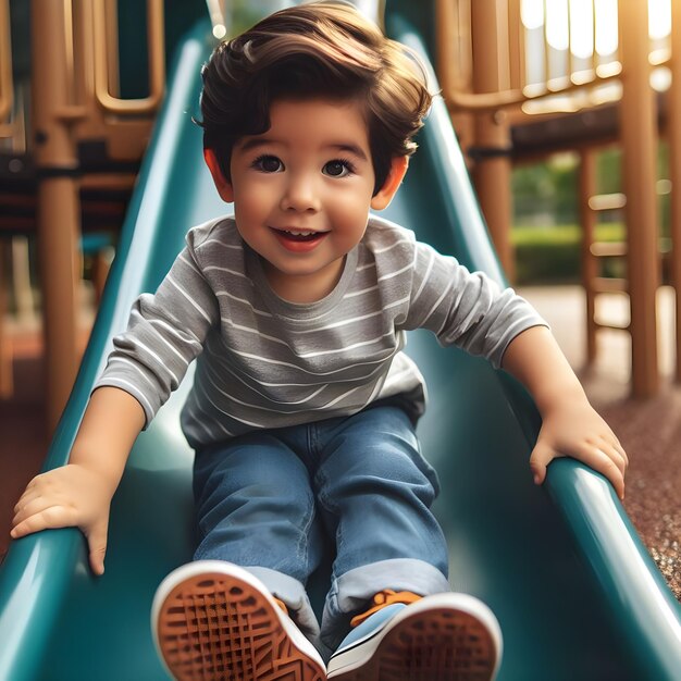 Jonge jongen speelt op een glijbaan in een zonnig speeltuinpark