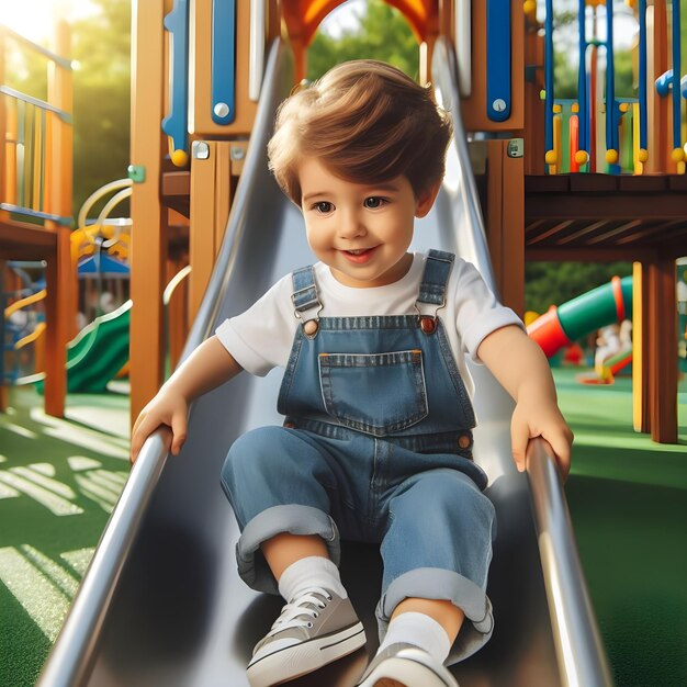 Jonge jongen speelt op een glijbaan in een zonnig speeltuinpark