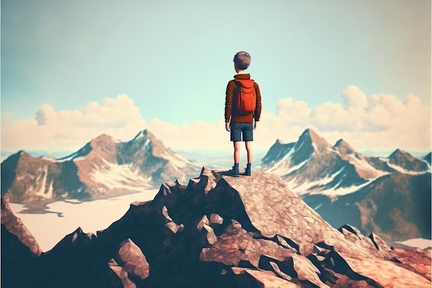 Jonge jongen staat op de berg en kijkt naar de rotsen die in de lucht zweven digitale kunststijl illustratie schilderij fantasie concept van een jongen op de berg