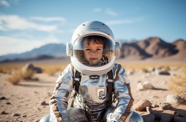 Jonge jongen verkleed als astronaut in de woestijn