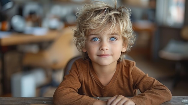 Jonge jongen zit aan tafel met handen op de heupen