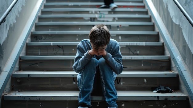 Jonge jongen zit op de trappen van de roltrap