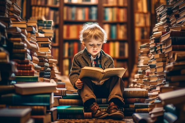 Jonge jongen zit op de vloer en leest een boek in een bibliotheek vol boeken Generatieve AI