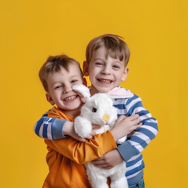 Foto jonge jongens omhelzen een paaskonijn op een familiepaasfoto met een gele achtergrond