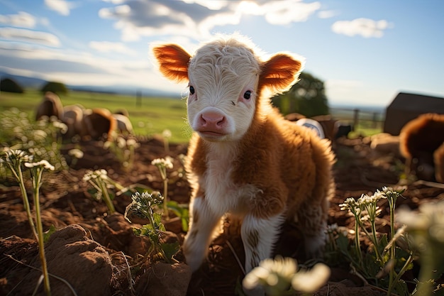 Jonge kalf op een melkveehouderij Nieuwgeboren baby koe close-up van jonge kalfNieuwgeboren Baby koe Generatieve AI