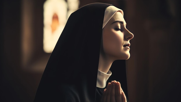 Jonge katholieke non die in de katholieke kerk bidt