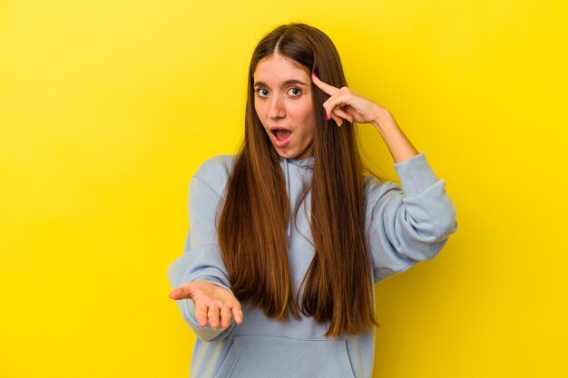 Jonge kaukasische vrouw die op gele achtergrond een product bij de hand houdt en toont.