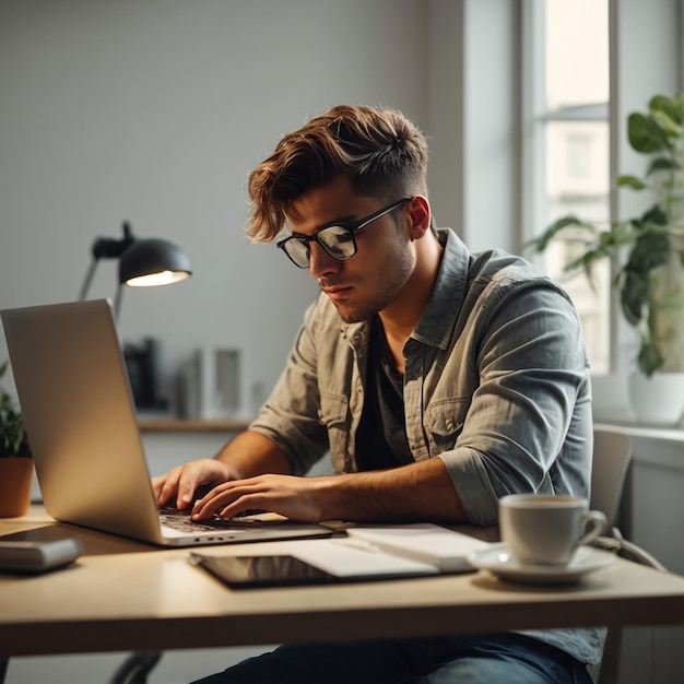 Jonge kerel zit laptop man werkt op computer freelancer