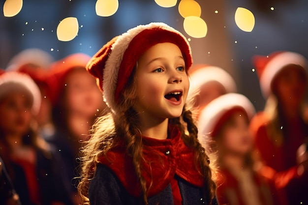 Jonge kerstliederen zingen klassieke kerstliederen op een besneeuwde straat in feestelijke kleding