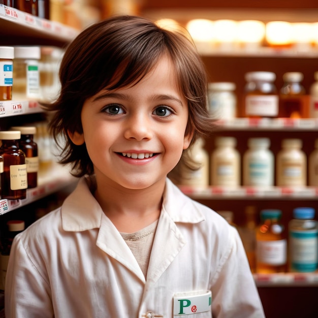 Jonge kinderapotheker die glimlachend en zelfverzekerd in de apotheek werkt